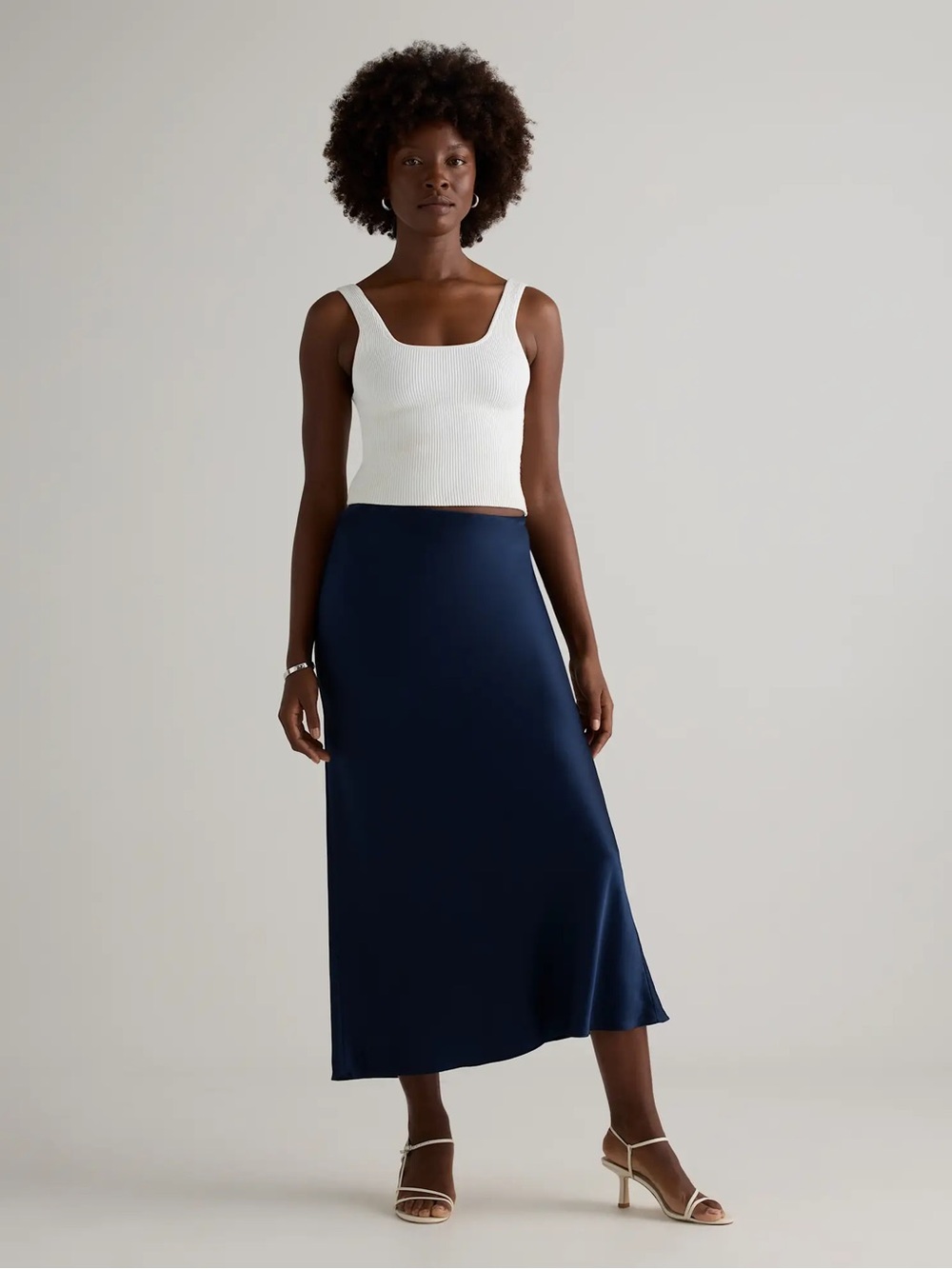 Navy Satin Bias Midi Skirt - Women's